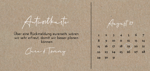 Panorama Antwortkarte zur Hochzeit aus Kraftpapier mit Kalender