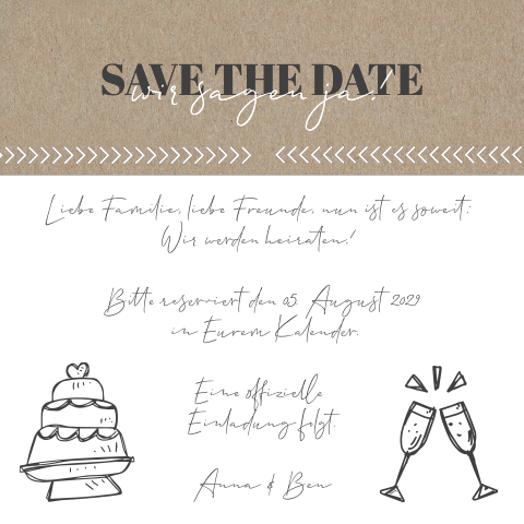 Einseitige verspielte Save the Date Karte aus Kraftpapier mit Symbolen