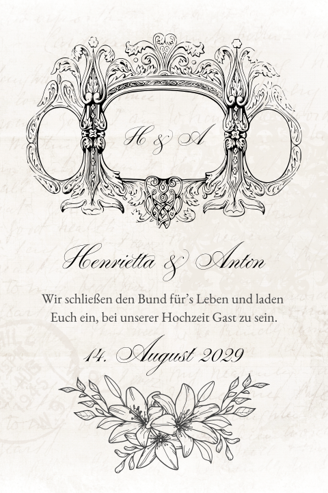 Vintage Hochzeitseinladung in beige mit elegantem Wappendesign