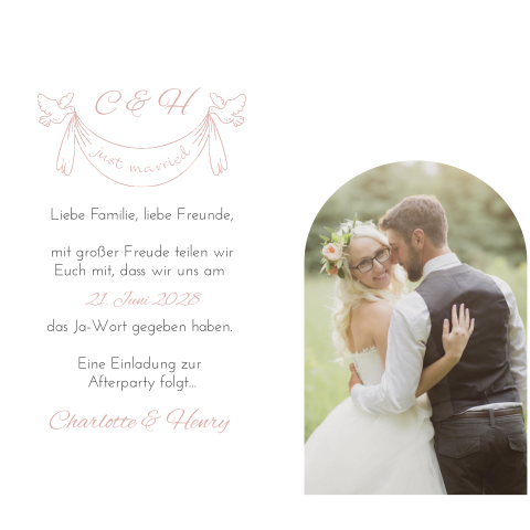Zweiteilige "Wir haben geheiratet" Karte mit Bogen, Banner und Tauben