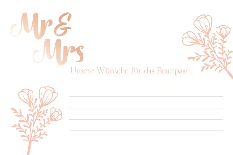 Weiße Ballonkarte zur Hochzeit mit Mr and Mrs Zeichen + Blumen in rosa