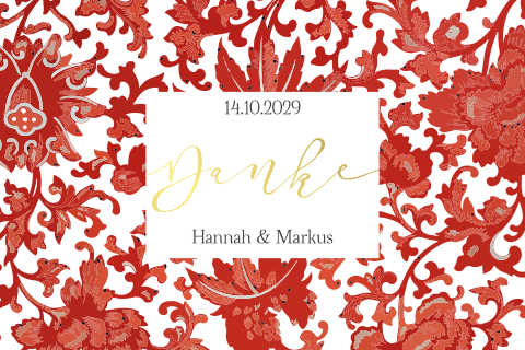 Dankeskarte zur Hochzeit mit rotem Muster und Handlettering in gold