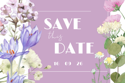 Frühlings Save the Date Karte mit bunten Blumen + Rahmen in lila