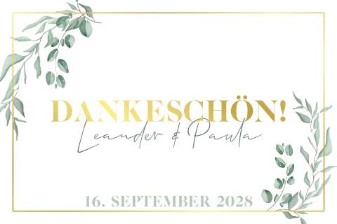 Weiße Danksagungskarte mit Rahmen in Gold und Greenery Elementen