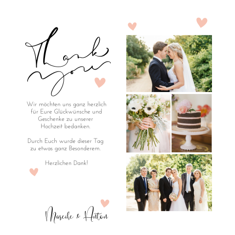 Hochzeitsdanksagungskarte mit Schriftzug, Herz in rosa + Fotocollage