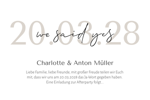 Schlichte Wir haben uns getraut Fotokarte in weiß mit Datum in beige