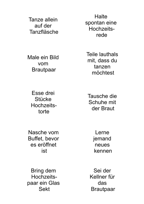 20 gemischte Aufgaben als Hochzeitsgästeunterhaltung zum selbst gestalten blanko