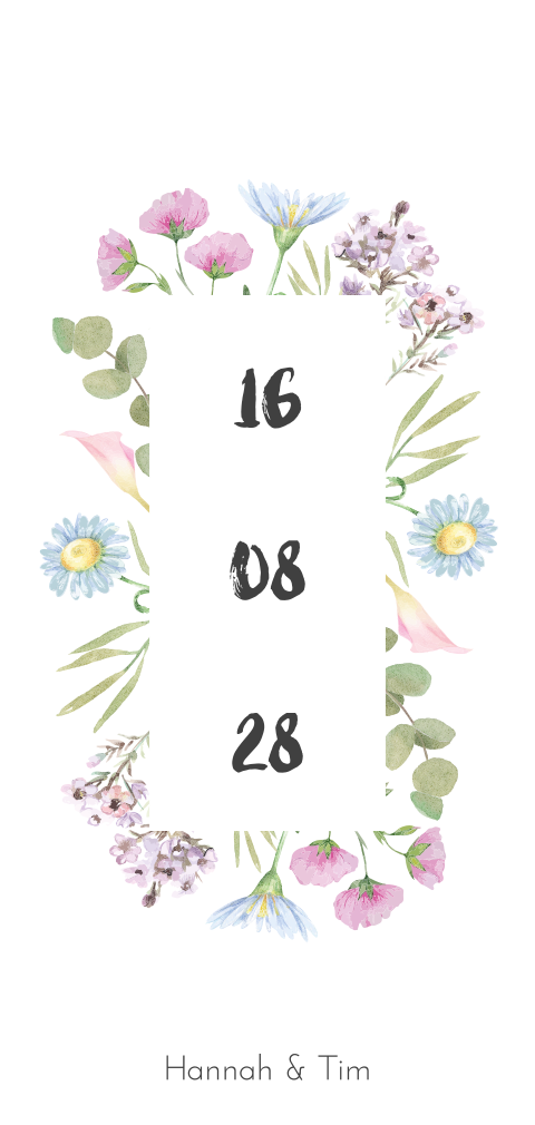 Weiße Hochzeitseinladung mit bunten Blumen und Datum