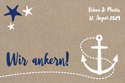 Maritime Einladung zur Hochzeit aus Kraftpapier mit Anker & Seestern