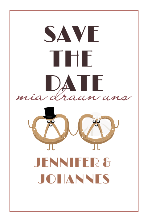 Gerahmte bayrische Save the Date Karte mit Brezel Hochzeitspaar