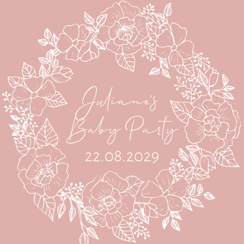 Baby Party Einladung in Rosa mit floralem Kranz