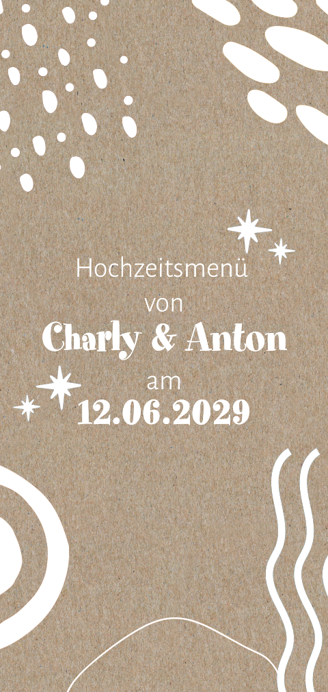 Verspieltes Boho Hochzeitsmenü aus Kraftpapier mit weißen Formen