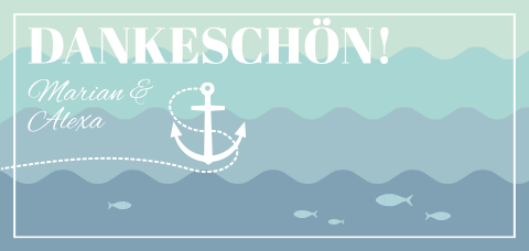 Maritime Dankeskarte zur Hochzeit in blau mit Wellen und Anker