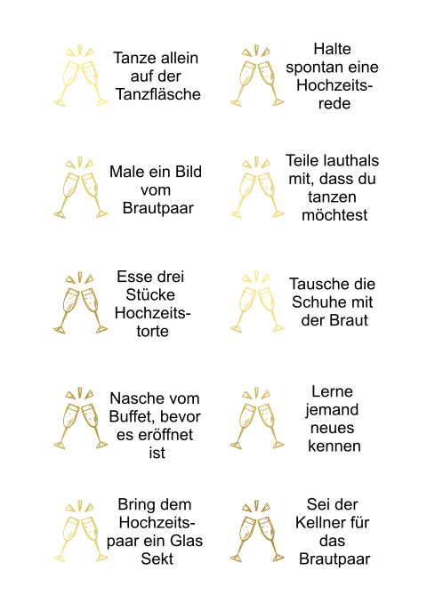 Gemischte Aufgaben zur Unterhaltung auf der Hochzeit mit Sektglas 