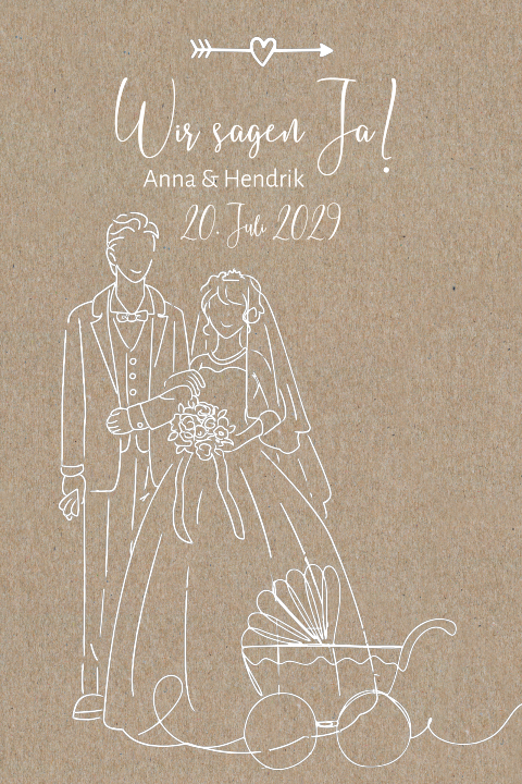Einladungskarte zur Hochzeit aus Kraftpapier mit Familie in Line Art