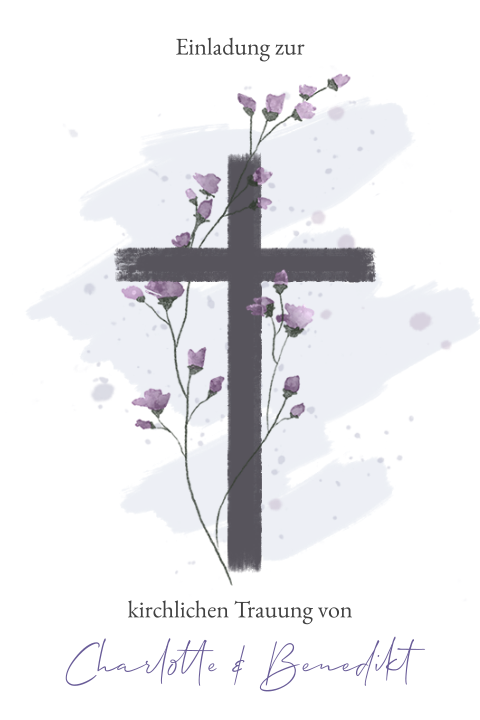 Florale Hochzeitseinladung mit Kreuz und Aquarell in lila und schwarz