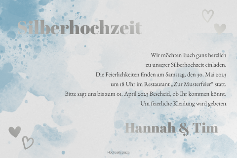 Transparente Einladung zur Silberhochzeit in Aquarellblau mit Folie