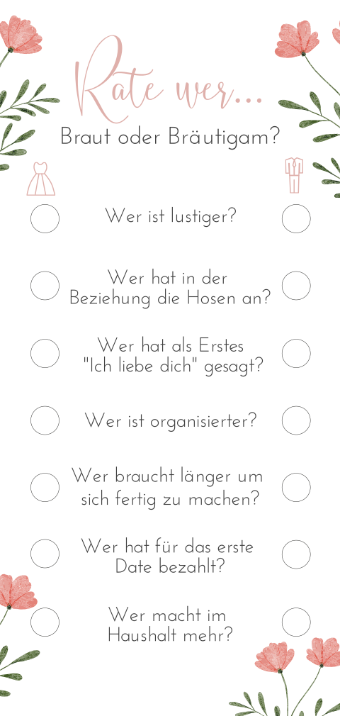 "Rate mal" Spiel zur Unterhaltung der Hochzeitsgäste mit rosa Blumen