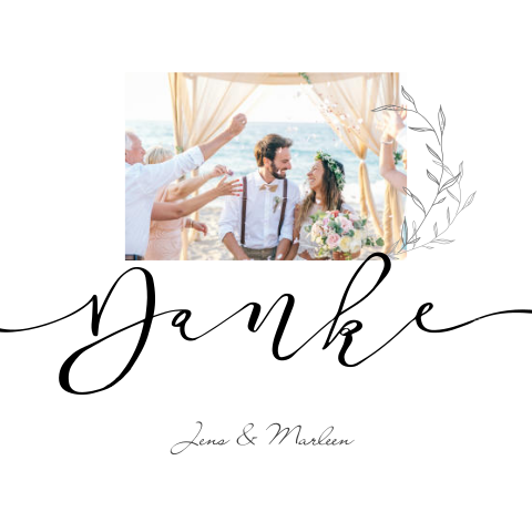 Florale Dankeskarte zur Hochzeit mit Schriftzug, Rahmen + Herz in grau