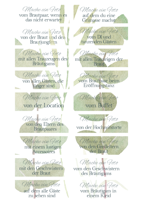 Fotoaufgabe als Unterhaltung für die Hochzeitsgäste Greenery