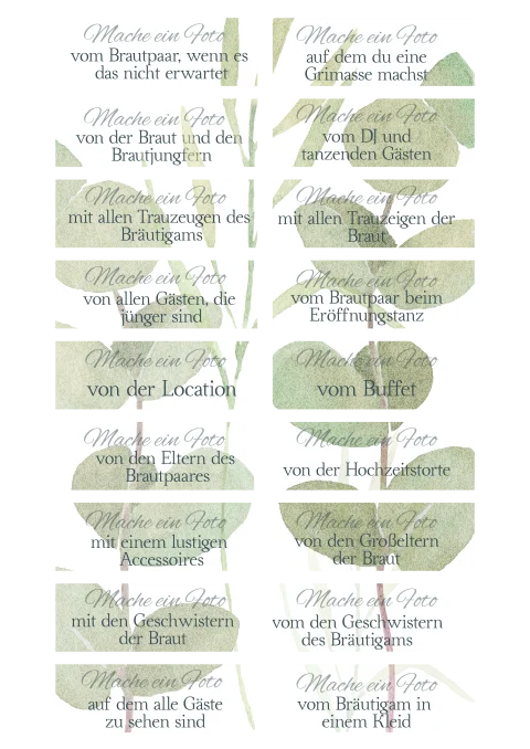 Fotoaufgabe als Unterhaltung für die Hochzeitsgäste Greenery