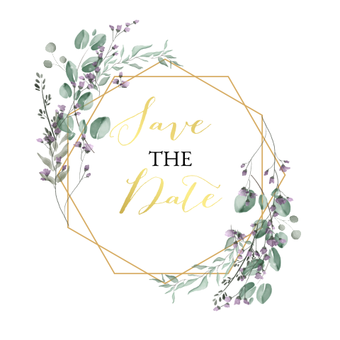Quadratische Save the Date Karte mit Zweigen, Blumen und Goldrahmen