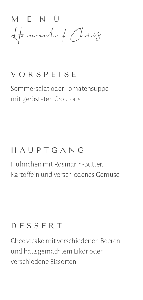 Minimalistische weiße Menükarte für die Hochzeit mit zarter Schrift