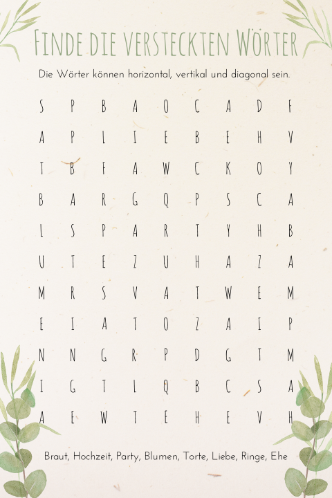 Kreuzworträtsel aus Recyclingpapier zur Gästeunterhaltung mit Greenery