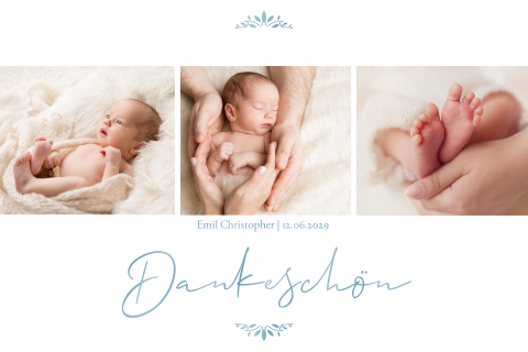 Baby Danksagung mit Fotoreihe als Klappkarte in Blau