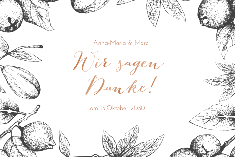 Dankeskarte zur Hochzeit im Herbst Stil in schwarz weiß + hochglanzveredelter Kupferschrift