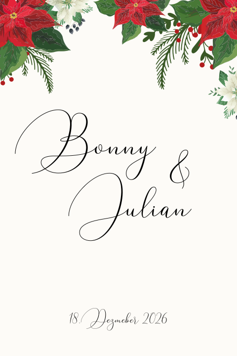 Helle weihnachtliche Hochzeitseinladung mit roten Weihnachtssternen