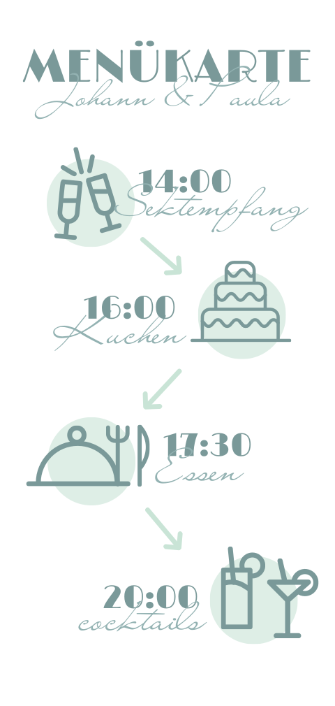 Moderne Menükarte zur Hochzeit mit Timeline und Icons