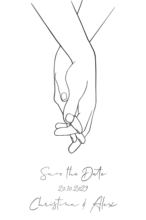 Weiße Save the Date Karte mit verschlungenen Händen in Line Art