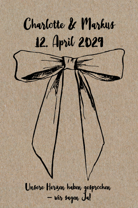 Schlichte Hochzeitseinladung aus Kraftpapier mit Schleife in schwarz