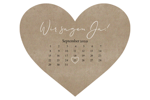 Einladungskarte in Herzform mit Kalender im Kraftpapierlook