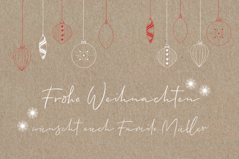 Weihnachtliche Dankeskarte zur Hochzeit im Kraftpapierlook mit Baumkugeln