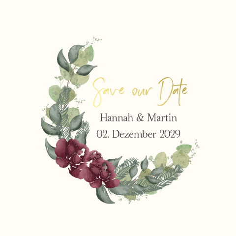 Winterliche Save the Date Karte in beige mit Kranz und roten Blumen