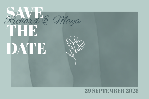 Save the Date Karte mit Line Art Blume und blauem Farbverlauf