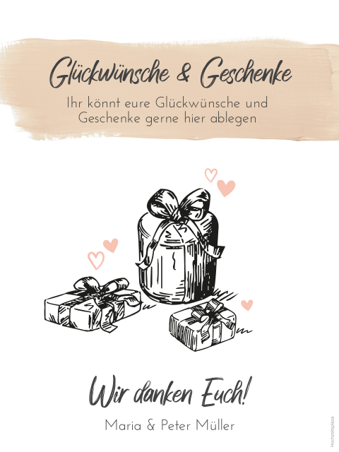Hinweisschild für Glückwünsche und Geschenke zur Hochzeit mit Herzen