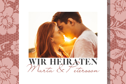 Hochzeitskarte mit Spitze und Rosen in rot mit Foto