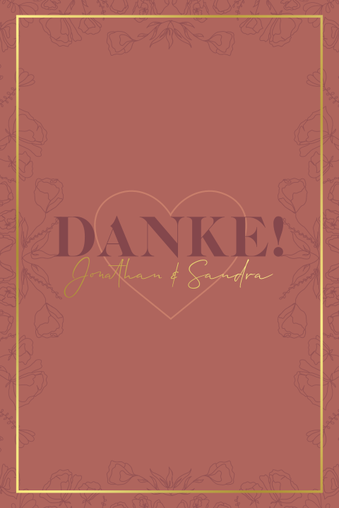 Dankeskarte in Samtrot mit Goldfolierung und Blumenrahmen