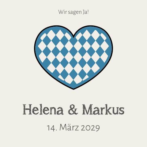 Bayrische Hochzeitseinladung in beige mit blau weiß kariertem Herz