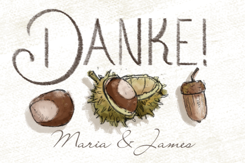Danksagungskarte mit Herbstmotiven: Kastanie, Eichel und Hagebutte