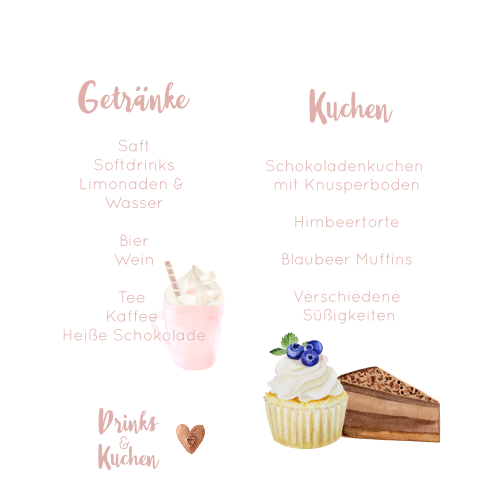Dreiteilige Getränkekarte zur Hochzeit mit Illustrationen in rosa