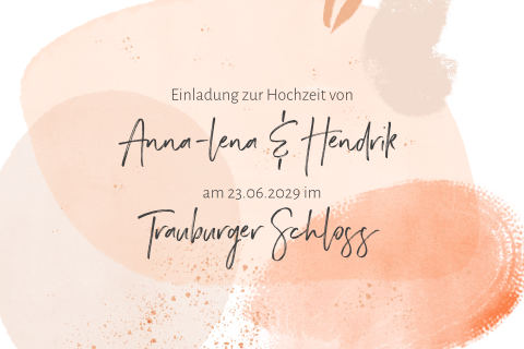 Weiße Hochzeitseinladung mit Aquarell Hintergrund in Orange Nuancen