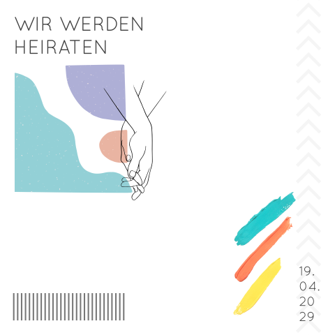 Moderne Einladung zur Hochzeit mit bunten Pinselstrichen + Zeichnungen