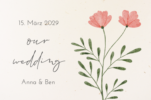 Einladungskarte zur Hochzeit aus Recyclingpapier mit rosa Blume