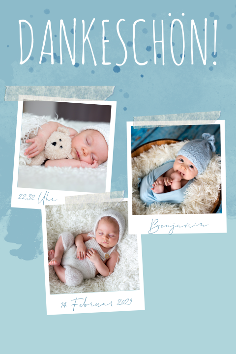 Babydankeskarte mit Sofortbilderrahmen für drei Babyfotos in Blau