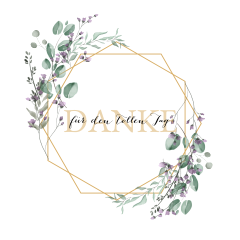 Quadratische Danksagungskarte mit Greenery Zweigen und Goldrahmen