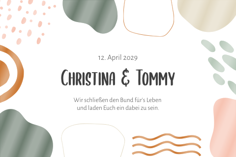 Hochzeitseinladung mit abstrakten Formen in bunter Hochglanzfolie